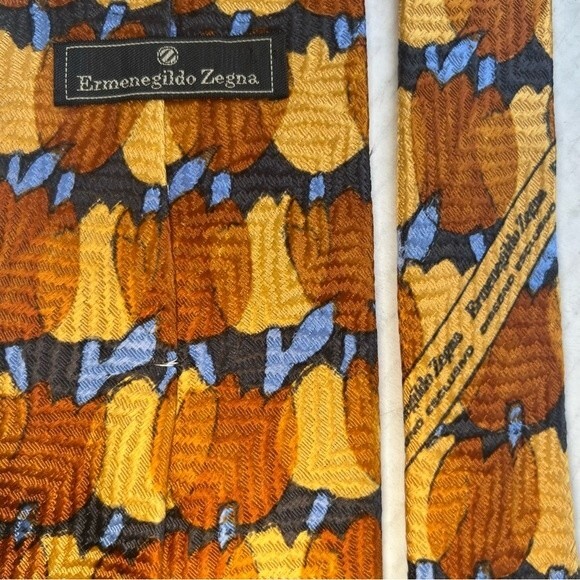 Ermenegildo Zegna 100% Silk Rust Brown Gold Blue Men's Necktie Tie Autumn Fall - Picture 2 of 11